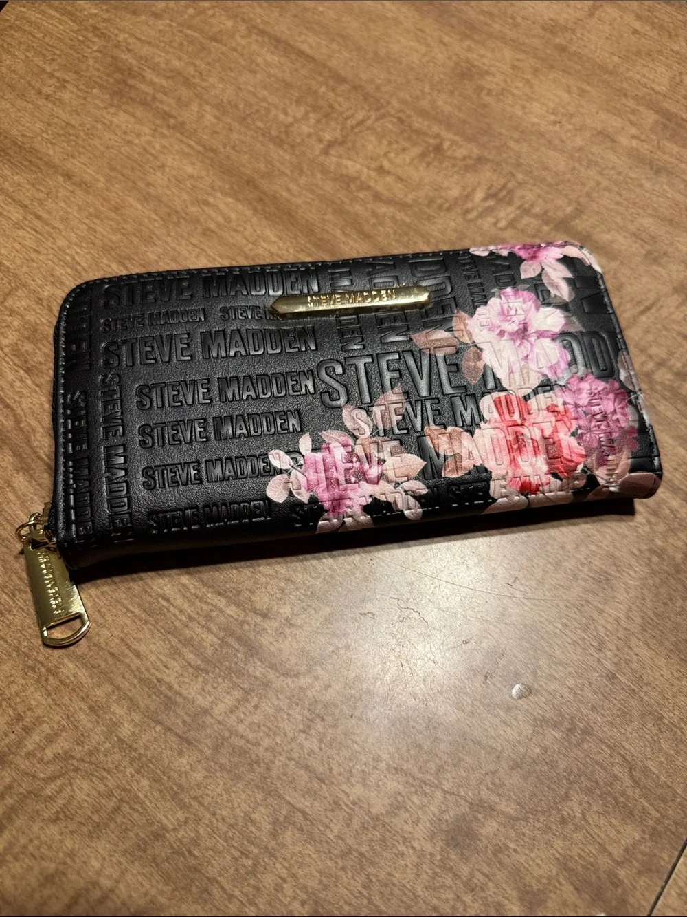 Steve Madden Black Wallet with Pink Floral Print and Gold Hardware
